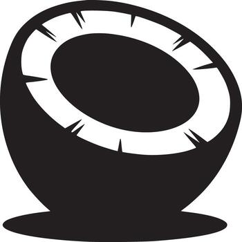 A monochrome illustration of a halved coconut with a thick shell and a small shadow on a white background vector