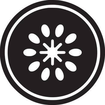 un negro y blanco gráfico de un circular Fruta rebanada con semillas y un estrella conformado núcleo diseño elemento vector
