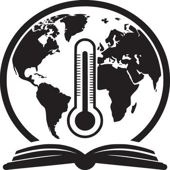 Black and white graphic of a globe with a thermometer over an open book in a circular border vector