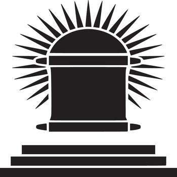 A black and white illustration of a structure with a radiant halo and three steps at the base vector