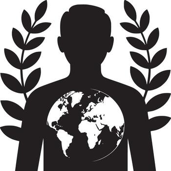 Silhouette of a person with a world globe inside and laurel branches on a white background vector