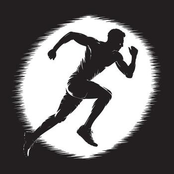 Silhouette of a runner in motion against a bright circular background in black and white style vector
