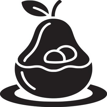 A black silhouette of a pear with a leaf and two circles inside sitting on a small plate design vector