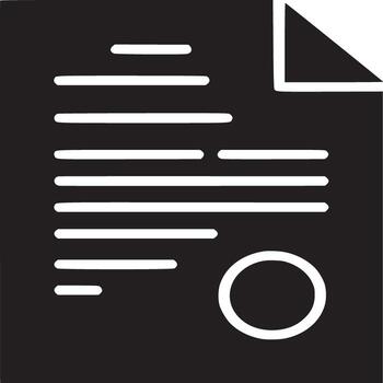 A black and white document icon with lines of text and a folded corner and a circle at the bottom vector