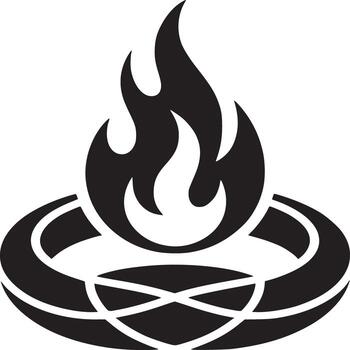 A stylized black and white illustration of a flame atop a circular geometric structure design element vector