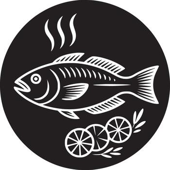 Illustration of a fish with steam above it and lemon slices in a black circle on white background vector