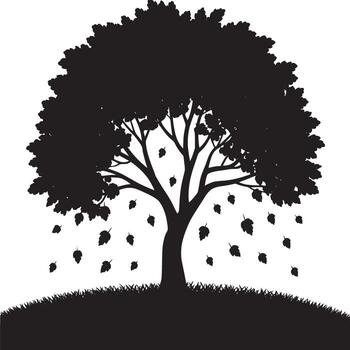 Silhouette of a tree with falling leaves against a white background in a minimalist style design vector