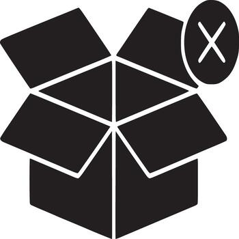 Black silhouette of open cardboard box with a large x symbol on a white background simple design vector
