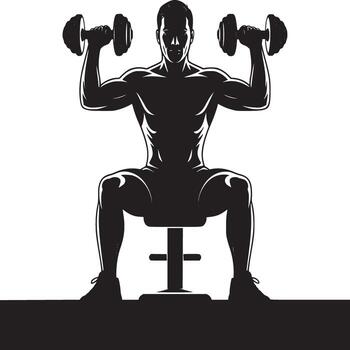 Silhouette of a muscular man lifting dumbbells while seated on a bench in a black and white image vector