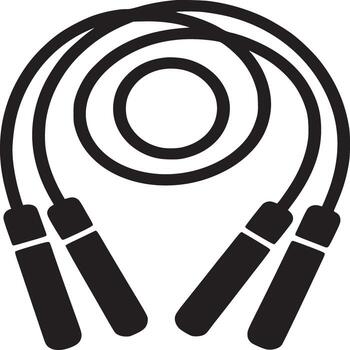A black and white graphic of a jump rope with handles and a coiled rope in the center on white vector