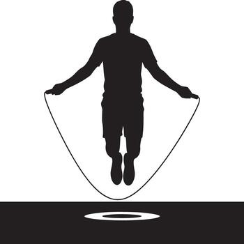 Silhouette of a man jumping rope in a black and white setting with a target on the ground below him vector