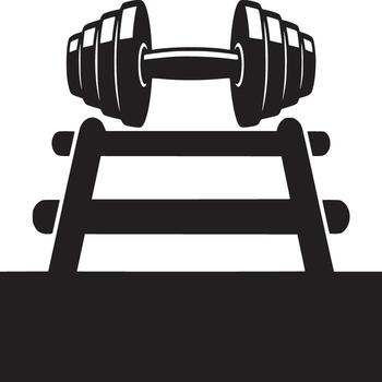 A black and white graphic of a dumbbell resting on a rack in a minimalist style illustration vector