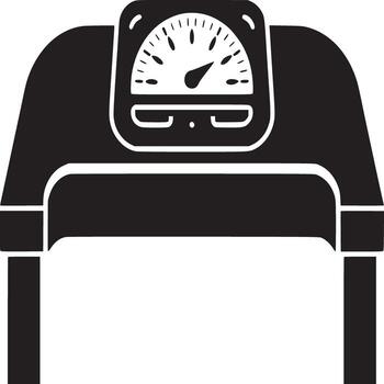 A black and white illustration of a weight scale with a dial on top and a white background behind it vector