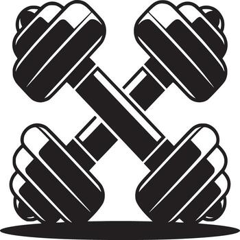 A minimalist illustration of two crossed dumbbells in black and white with a shadow underneath vector