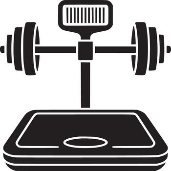 A black and white illustration of a scale with a barbell on top of it in a simple style vector