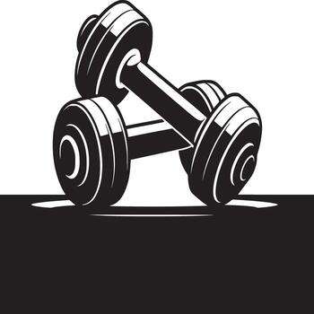 A monochrome illustration of two dumbbells stacked on top of each other on a black and white surface vector