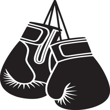 A pair of black boxing gloves hanging from a string against a plain white studio background illustration vector