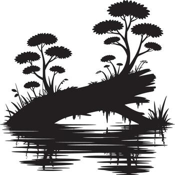 Silhouette of trees and grass growing on a fallen log reflected in water on a white background vector