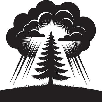 Black and white illustration of a pine tree under a stormy cloud with rays of light shining through it vector