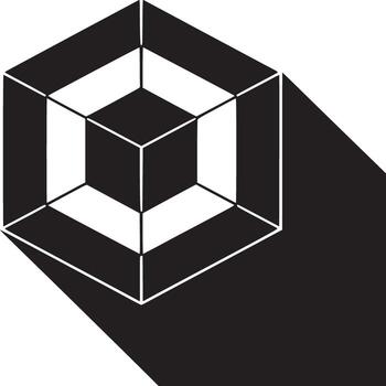 A black and white illustration of a geometric cube design with a shadow on a white background vector