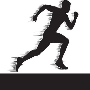Silhouette of a runner in motion against a white background with speed lines and black base border vector