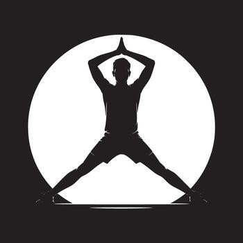 Silhouette of a person in a yoga pose with hands raised against a bright circular background design vector