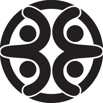 A symmetrical emblem design featuring interconnected shapes and circular elements in black and white tones vector