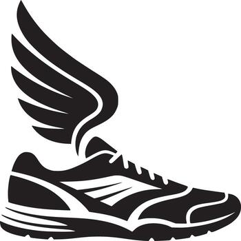 A black and white graphic of a running shoe with a wing attached to the side of the shoe design vector