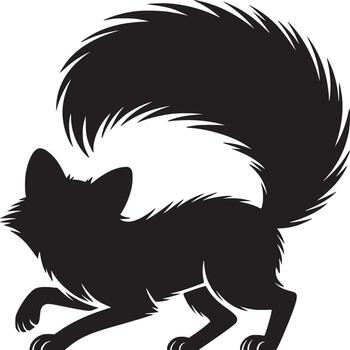 Silhouette of a fox with a large fluffy tail in a playful pose on a plain white background art vector