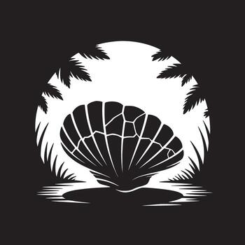 A black and white illustration of a seashell with palm trees in the background in a circular frame vector