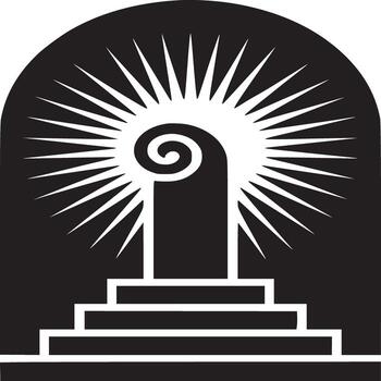 Black and white illustration of a doorway with steps and a spiral design with radiating lines vector