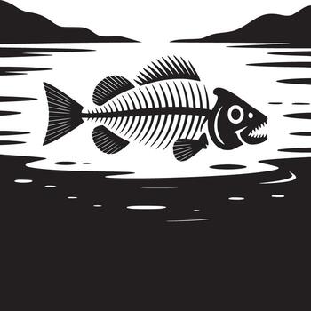 A black and white illustration of a fish skeleton floating on water with mountains in background vector
