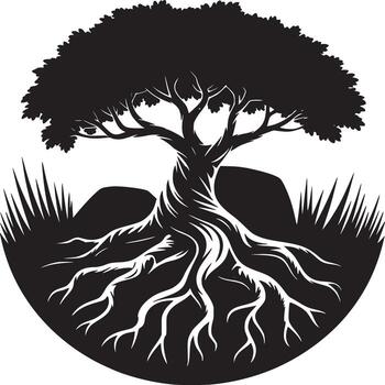 Stylized black and white illustration of a tree with exposed roots in a circular composition vector