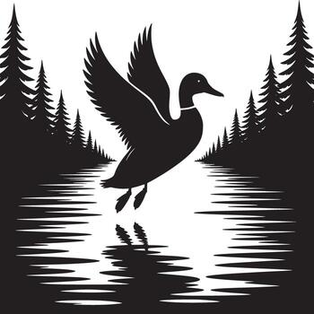 Silhouette of a duck flying over water with trees in the background in black and white style art vector