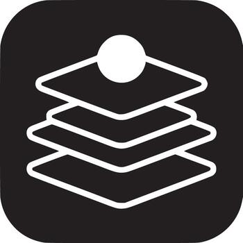 A black square containing a white layered icon with a circle on top on a white background vector