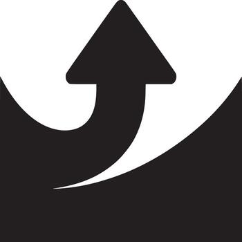 Black arrow curving upward against a white background creating a sense of forward movement and growth vector