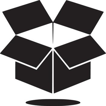 A graphic illustration of an open cardboard box in black and white with a simple shadow effect vector