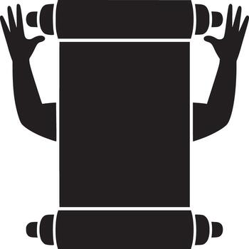 Black silhouette of hands holding a scroll with a white background in a simple graphic style vector