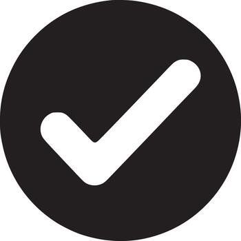 A simple graphic of a white check mark inside a black circle on a white background in high resolution vector