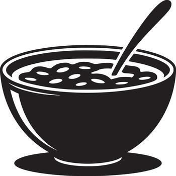 A black and white illustration of a bowl of soup with a spoon in it on a white background image design vector