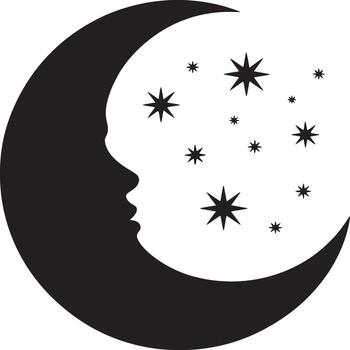 A black and white image of a crescent moon with a face and stars scattered around it in the sky vector