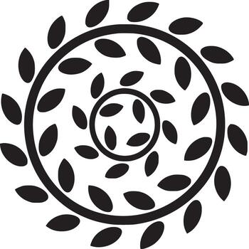 circular diseño con hojas arreglado alrededor dos concéntrico círculos en un espiral modelo en negro y blanco vector