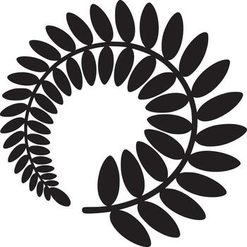 A simple black and white graphic of a curved branch with leaf shapes in a circular arrangement design vector