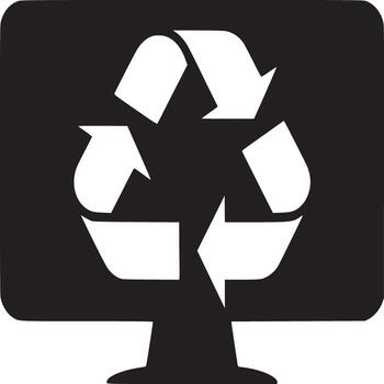 A black and white graphic of a recycling symbol on a computer monitor against a white background vector