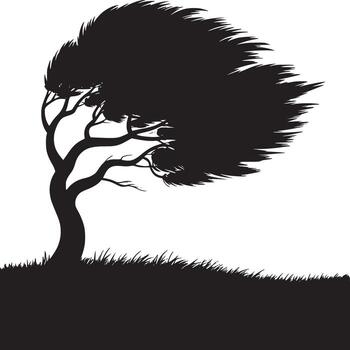 A silhouette of a tree with its branches and leaves blowing in the wind against a white background vector