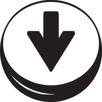 A simple black arrow pointing down inside an oval shape against a white and light gray background vector