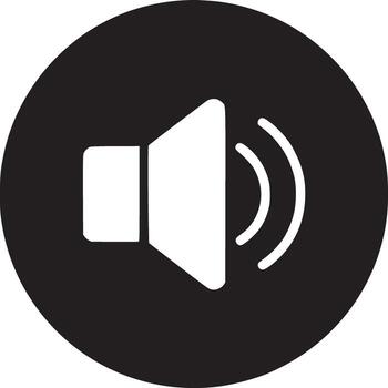 A black circle containing a white speaker icon with sound waves on a white background surface view vector
