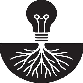Black and white graphic of a lightbulb with roots growing from a semi circle on a white background vector