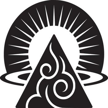 A black and white emblem featuring a triangle with swirls under a sunburst and curved lines motif vector