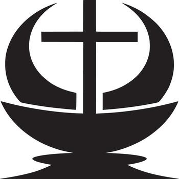 A black and white graphic design of a cross with crescent shapes on a white background design art vector